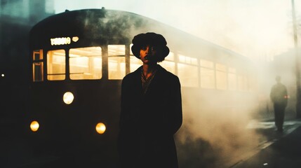 African American Rosa Parks portrait on the street next to the bus, cinematic style,