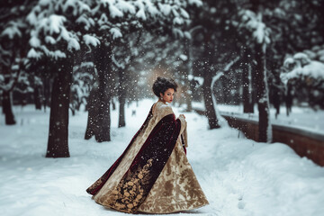 Elegant Bride in Vintage-Inspired Wedding Dress and Velvet Cape Posing Gracefully in Snowy, Romantic Setting