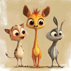 Fototapeta premium Three Adorable Cartoon Animals Stand Together