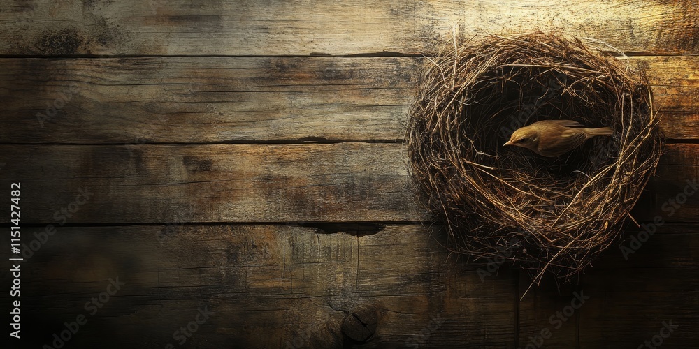 Poster vignette style highlights an empty bird nest set against a wooden background, showcasing the charm o