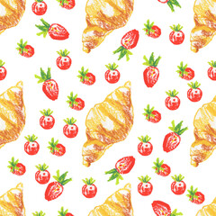 Breakfast wax crayons seamless pattern on white insulated background. Textural and food repeating pattern. Design for textiles, wrapping paper and wallpaper.