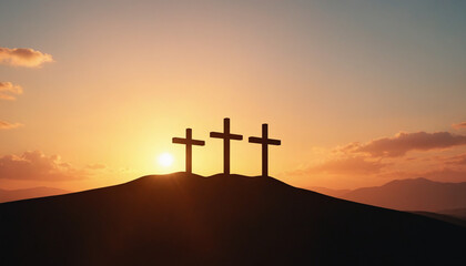 Three crosses in silhouette style in dark colors representing the crucifixion against a sunset sky with copy space