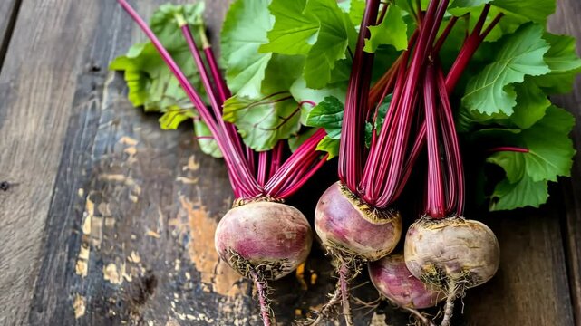 Freshly harvested beets with green leaves on rustic wooden surface in a natural setting