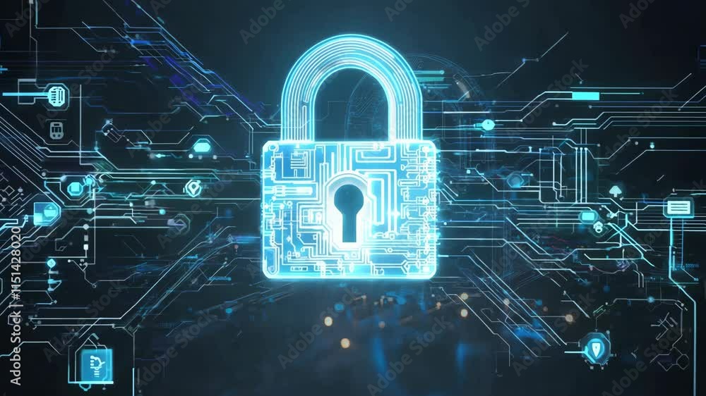 Aufkleber electronic padlock with glowing circuits represents cybersecurity and data protection in virtual env