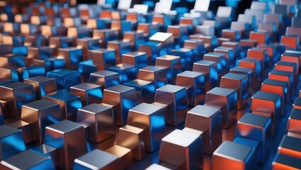 Fototapeta premium Abstract metallic cubes in gradient blue and copper colors, arranged in a patterned layout, creating a futuristic and dynamic visual effect.