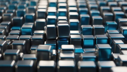 Naklejka premium Abstract close-up of shiny cube structures in shades of blue and gray, showcasing modern design and technology themes.