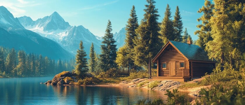 Wood cabin on the lake - log cabin surrounded by trees, mountains, and water in natural landscapes
