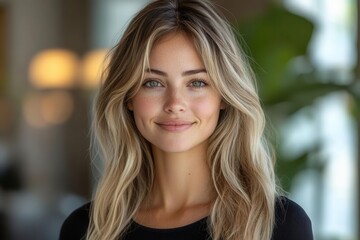 Fototapeta premium radiant smiling young woman with long, well-groomed blonde hair, isolated against a soft pastel background, promoting hair care products with a vibrant energy