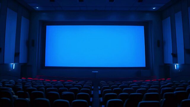 A dark cinema room with empty seats and a large blue screen ready for a film.