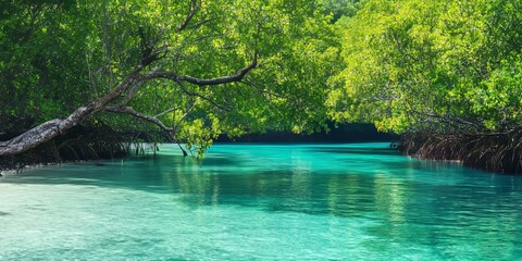 Obraz premium Mangrove trees thrive alongside turquoise water in a serene natural setting. This captivating landscape features lush mangrove trees and sparkling turquoise water, creating a tranquil atmosphere.