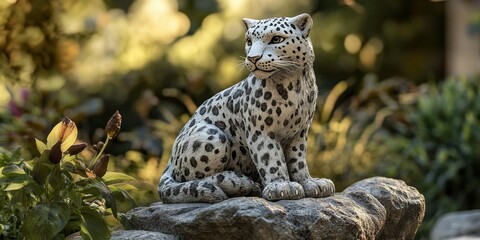 Obraz premium Whimsical garden art decoration featuring a snow leopard enhances your outdoor space with unique charm, bringing joy and creativity through this enchanting snow leopard themed piece.