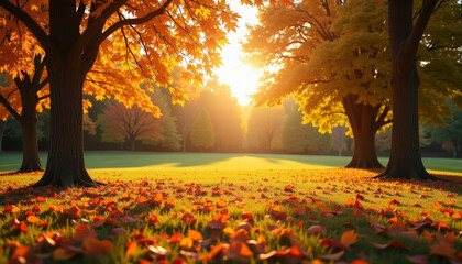 Obraz premium Autumn Park: Golden Leaves and Sunshine