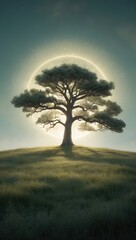 Fototapeta premium A majestic tree stands on a grassy hill, bathed in soft light and surrounded by an ethereal glow, creating a serene and tranquil atmosphere at dusk.