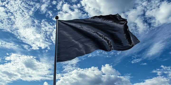 Black flag fluttering in the wind atop a flagpole, showcasing the dynamics of a black flag against a backdrop of clouds and blue sky on a sunny day, captured in close up detail.