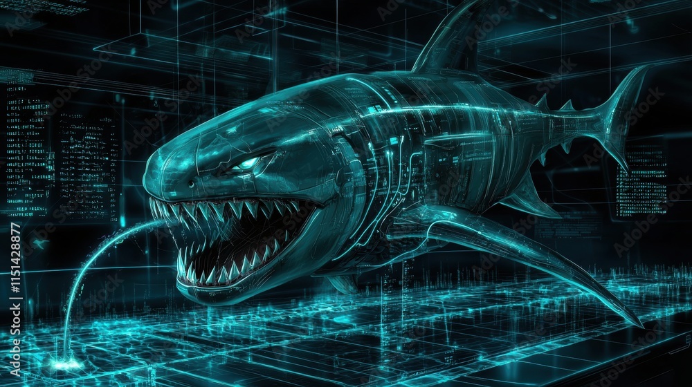 Poster futuristic cyber shark attack digital ocean 3d art virtual environment close-up view technological c