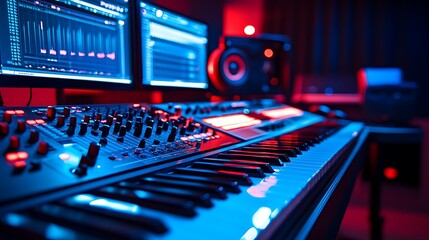 Fototapeta premium A professional music production desk featuring dual monitors running digital audio workstations, a MIDI keyboard, studio-grade headphones on a stand, and soft ambient LED lighting in a modern studio.