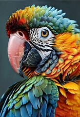 Obraz premium Vibrant parrot with colorful plumage and a striking beak poses against a dark backdrop