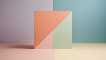 A colorful geometric shape featuring orange and mint green sections in a pastel tone, set against contrasting soft backgrounds