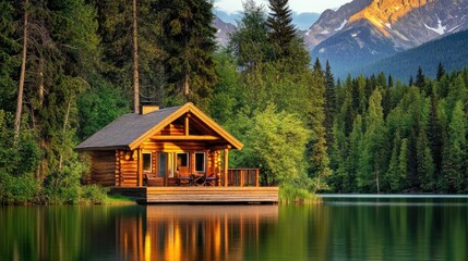 Fototapeta premium Wood cabin on the lake - log cabin surrounded by trees, mountains, and water in natural landscapes