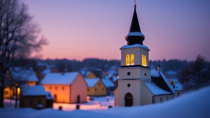 Snow-covered landscape featuring a church steeple illuminated at dusk, surrounded by quaint homes in a serene winter setting.