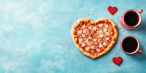 Fototapeta premium Heart shaped pizza and coffee on a blue backdrop, perfect for a Valentines Day celebration, embodying a sweet and romantic theme. Ideal for lovers on this special occasion!