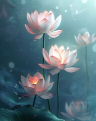 Pink lotus flowers bloom in serene water with gentle light.