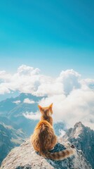 Adventurous cat on a mountain peak stunning landscape cloudy sky breathtaking view nature photography