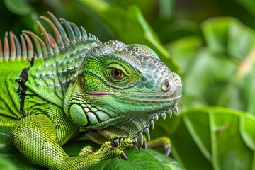 Obraz premium Close up of a vibrant green iguana resting on bright green leaves, showcasing its intricate scales and captivating gaze