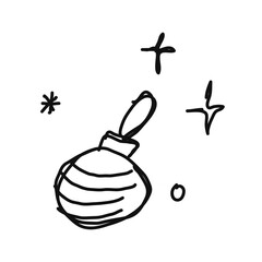 Icon or clip art with a christmas theme. Hand drawn a simple Christmas tree toy and glitter, childlike naive doodle vector illustration