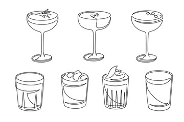Outline drawing of cocktail drinks isolated on white background. Thin line cocktail glasses. Vector illustration