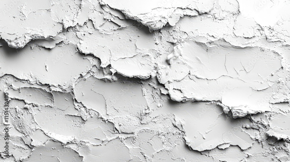 Poster close-up of a textured white surface resembling dried cracked paint or plaster with uneven layers an