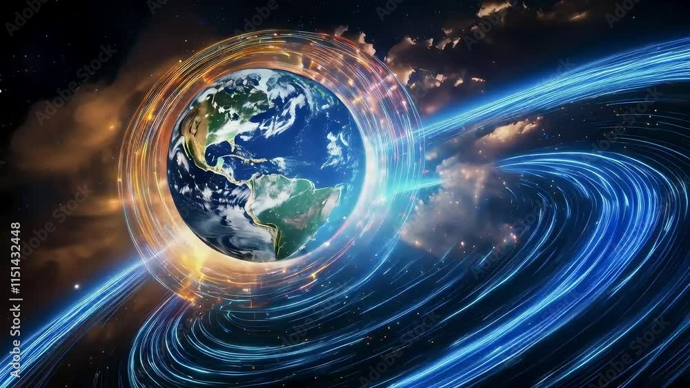 Aufkleber earth sphere with motion trails and clouds in space.