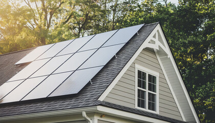 Close-up of new suburban house with a photovoltaic system on the roof. Modern eco friendly passive house with solar panels on the gable roof, with sunlight At afternoon vibes