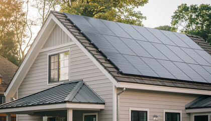 Close-up of new suburban house with a photovoltaic system on the roof. Modern eco friendly passive house with solar panels on the gable roof, with sunlight At afternoon vibes