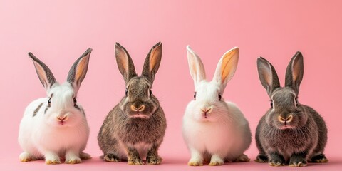 Fototapeta premium A total of four rabbits are positioned in front of a bright or light colored backdrop. These four rabbits stand out against the light background.