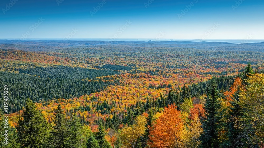 Poster aerial view forest idea. vibrant autumn landscape with colorful trees and vast blue sky in the backg