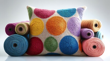 A woolen pillow with a playful polka dot design in rainbow colors, surrounded by yarn rolls in matching hues, displayed on a bright, seamless white backdrop,