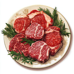Fototapeta premium An artistic arrangement of premium meat cuts, featuring bold and varied tones of red and pink with intricate marbling, set on a sleek modern ceramic plate with fresh herbs for accent. Perfect separati