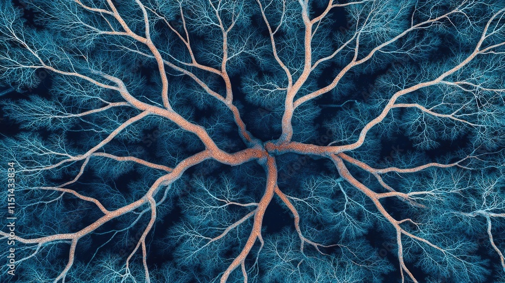 Poster aerial view forest idea. an intricate close-up view of a plant's root system against a dark blue bac