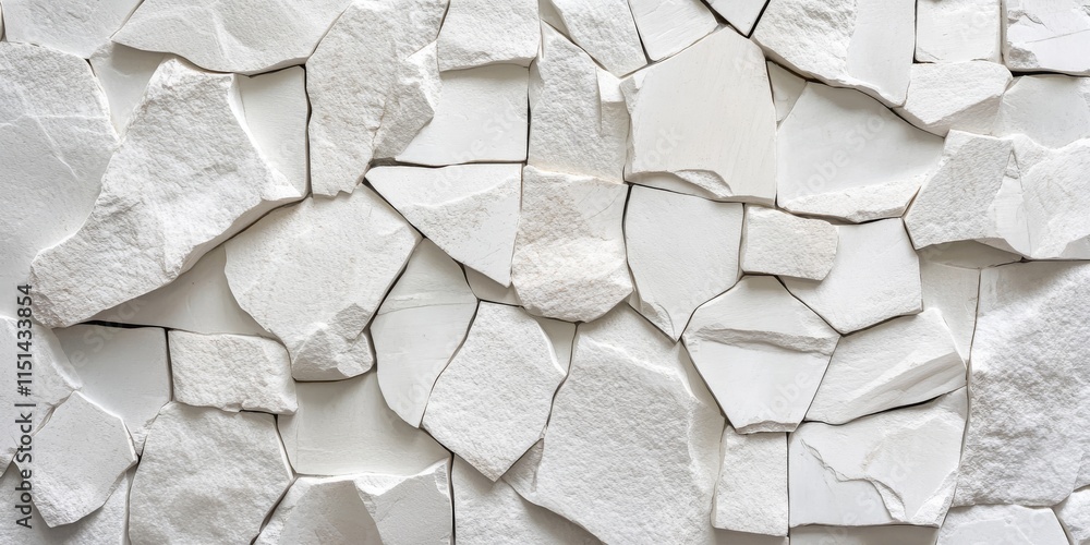 Poster modern white brick wall featuring fragments of stones arranged in irregular shapes, creating a uniqu
