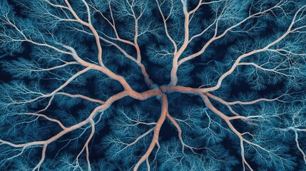 Aerial View forest idea. An intricate close-up view of a plant's root system against a dark blue background.