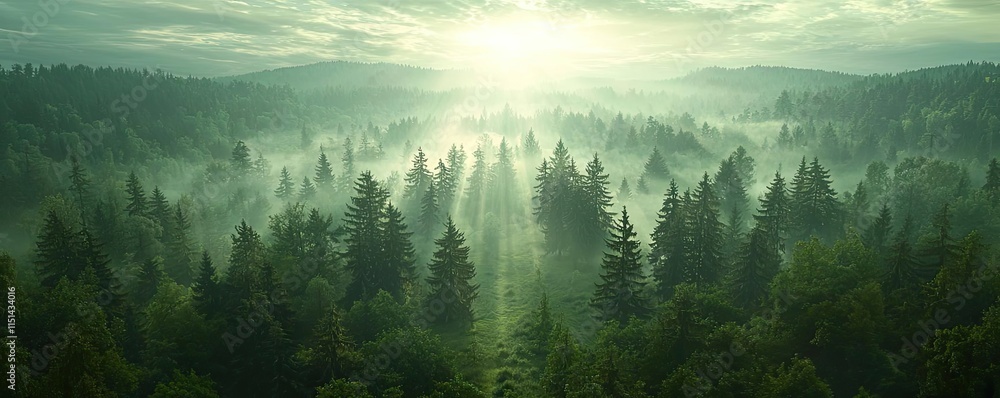 Poster aerial view forest idea. a serene forest landscape with mist, sunlight filtering through tall trees,