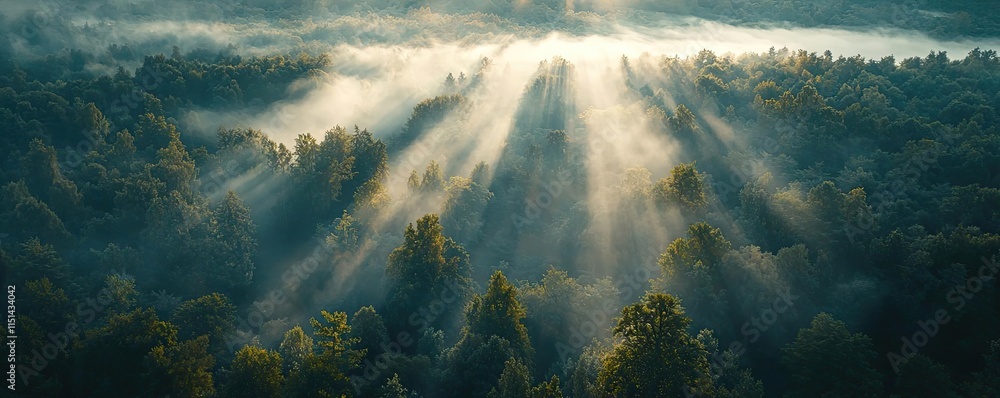 Poster aerial view forest idea. serene forest landscape with sunlight piercing through misty trees at dawn.
