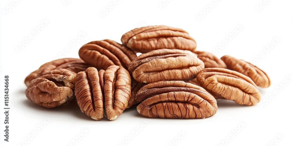 Poster pecan nuts are featured isolated on a white background, showcasing both shelled and unshelled pecan 