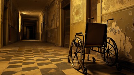 Empty wheelchair resting silently on a nostalgic hospital corridor, evoking thoughts of healing, resilience, and the passage of time in a place of care and recovery.