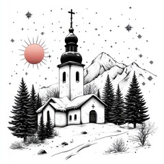Fototapeta premium Snowy church in mountains, sun and stars.