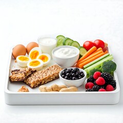 A platter filled with a variety of healthy breakfast items, including eggs, yogurt, granola, fruit, vegetables, and protein bars, is presented on a light surface