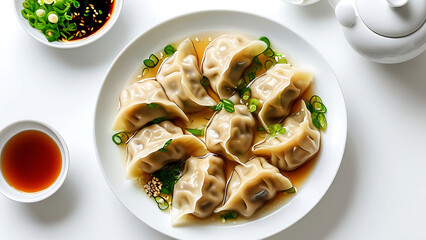 Overhead shot of a plate of delicious dumplings in a savory broth, garnished with green onions.  A perfect image for food blogs, restaurant menus, or culinary publications.