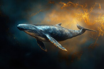 Fototapeta premium magnificent whale swims in ocean, poster with magnificent mammal, beauty and power of nature, concept of care and protection of environment