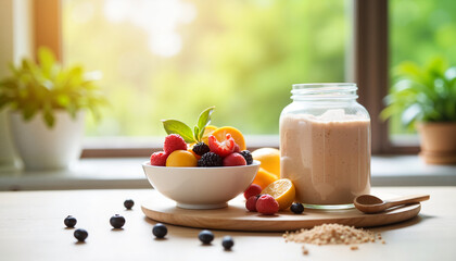 Nutritional supplements for aging Copy space Jar of protein powder and fresh fruits on table by window